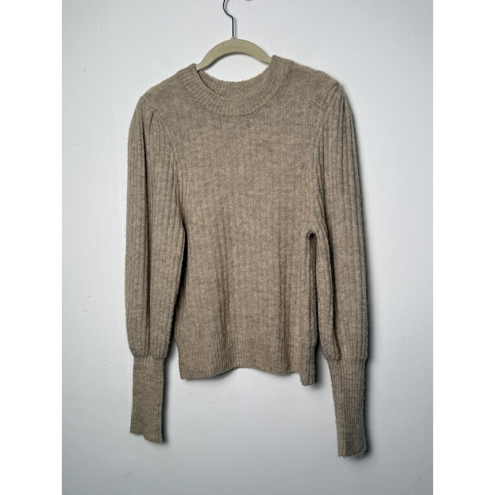 Beige Ribbed Knit Puff Sleeve Crew Neck Sweater Leith Women Oatmeal Size M